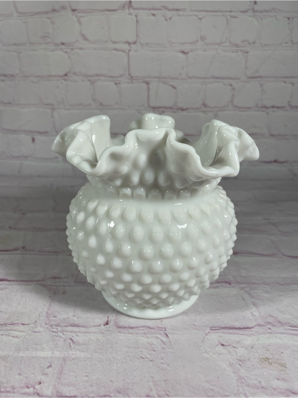 Vintage Fenton White Milk Glass Hobnail Ruffled Crimped Edge Vase 5.5”